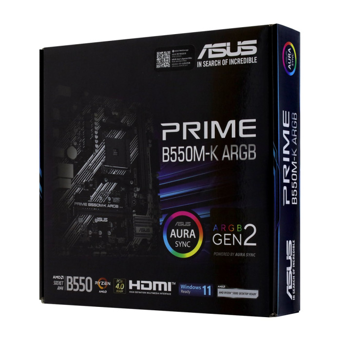 MB Socket AM4, MATX, AMD B550 (DVI+HDMI) ASUS PRIME B550M-K ARGB, 2DDR4, 2PCIx16, PCIx1