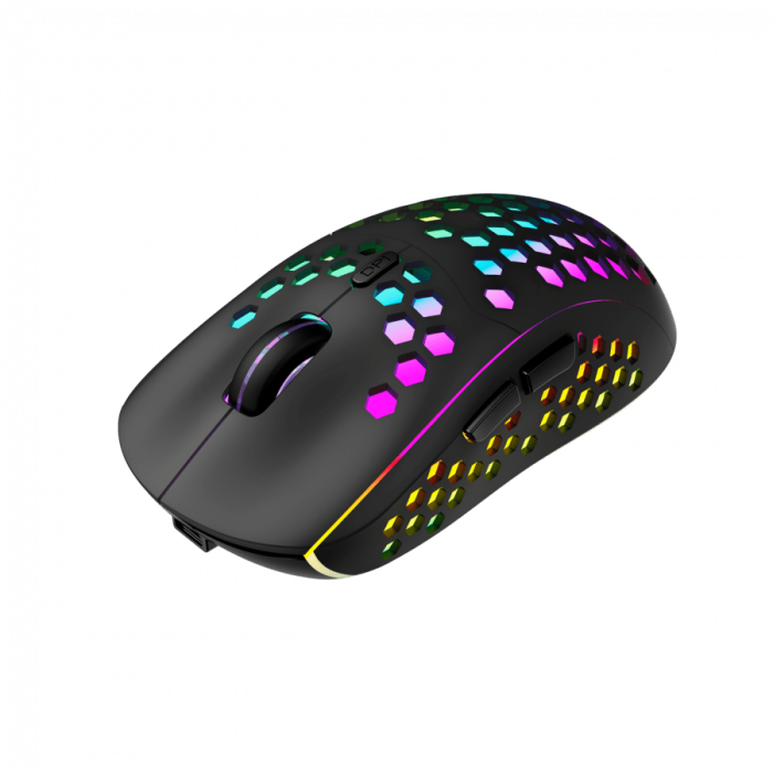 Canyon 7keys Gaming 2.4G wireless mouse, KA8 sensor, DPI up to 1600, rubber coating on panel, Huano 1million switch, 45cm PVC cable, ABS material. 400mAh battery, size: 125.8*63.7*41mm, weight: 95g, Black