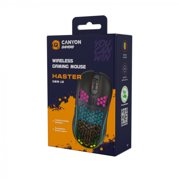 Canyon 7keys Gaming 2.4G wireless mouse, KA8 sensor, DPI up to 1600, rubber coating on panel, Huano 1million switch, 45cm PVC cable, ABS material. 400mAh battery, size: 125.8*63.7*41mm, weight: 95g, Black