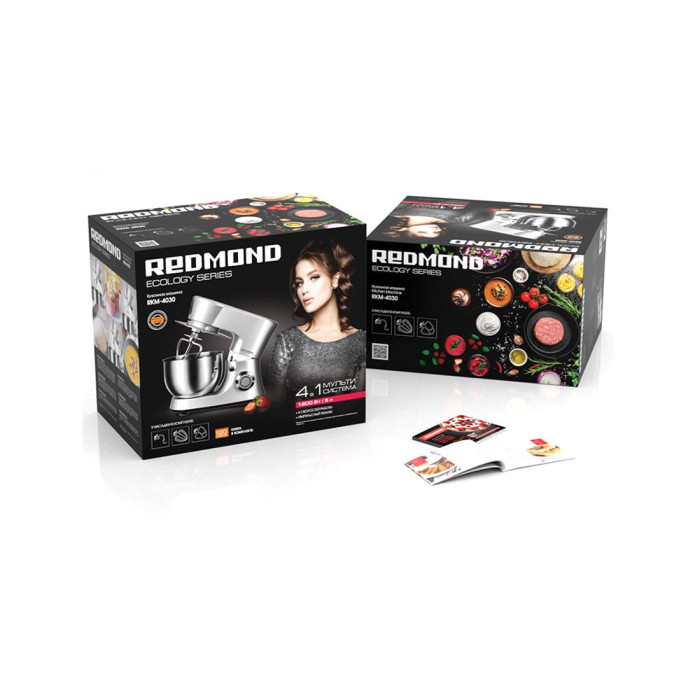Кухонная машина, Redmond, RKM-4030, Мощность 1200 Вт, 6 скоростей, Объем чаши 5 л, 3 насадки для взбивания и замешивания, Серый металлик