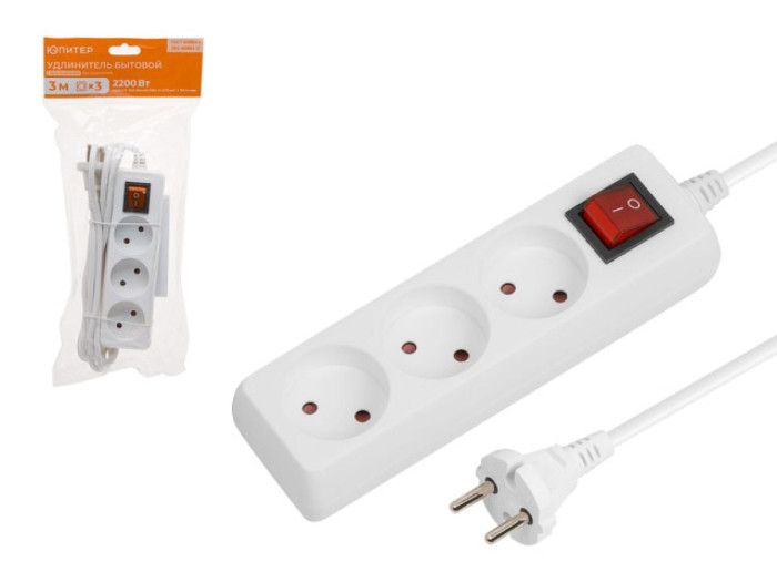 Удлинитель 3м (3 роз., 2,2кВт, б/з, выкл, ПВС 2х0,75) Юпитер