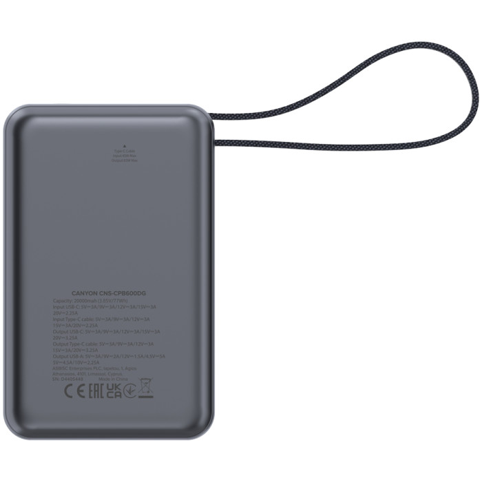 CANYON power bank OnPower 600 built-in cable 20000 mAh PD65W Dark Grey