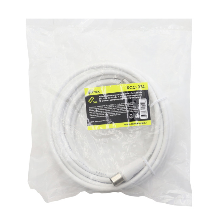 Cable (удлинитель), TV-m -> TV f, Ritmix RCC-074, coaxial, 3m, white