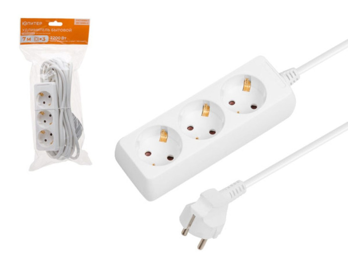 Удлинитель 7м (3 роз., 2,2кВт, с/з, ПВС 3х1) Юпитер