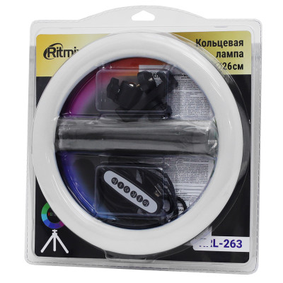 USB LED ring light, Ritmix RRL-263, 120 LED, 26cm, phohe holder, RGB, USB power, штатив