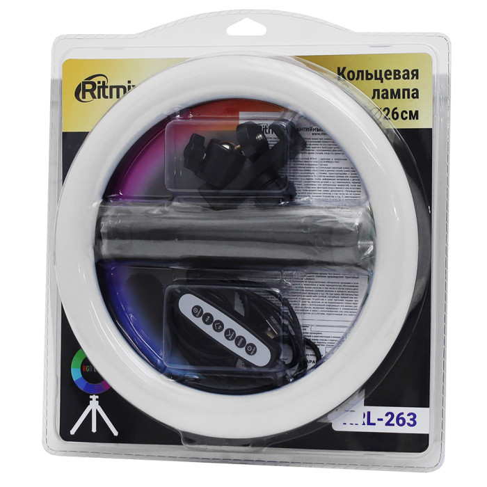 USB LED ring light, Ritmix RRL-263, 120 LED, 26cm, phohe holder, RGB, USB power, штатив