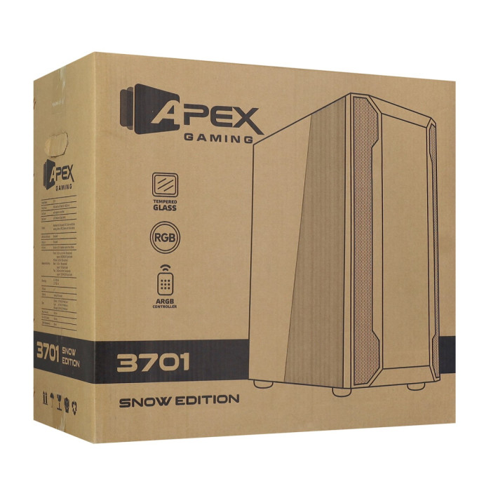 Case ATX midi tower APEX, 3701 white, 1*120mm ARGB + 3*120mm white + ARGB fan hub + RC, 700W