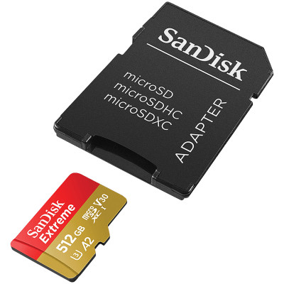 SanDisk Extreme microSDXC 512GB + SD Adapter + 1 year RescuePRO Deluxe up to 190MB/s &amp; 130MB/s Read/Write speeds A2 C10 V30 UHS-I U3
