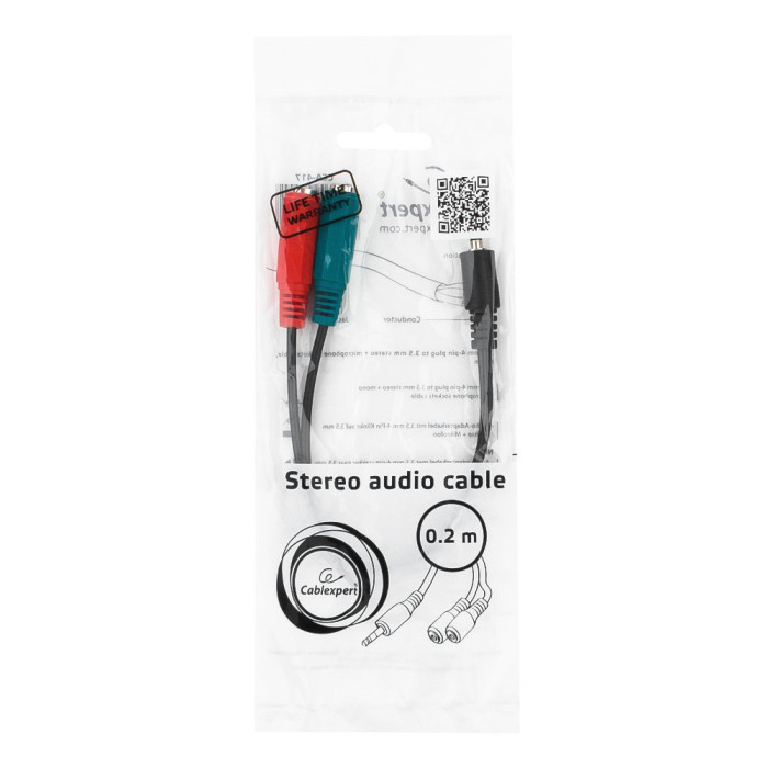 Cable Audio, 3.5mm/m - 2x3.5mm/f, Cablexpert CCA-417, 4 pin -> stereo + mono mic, 0.2m, black