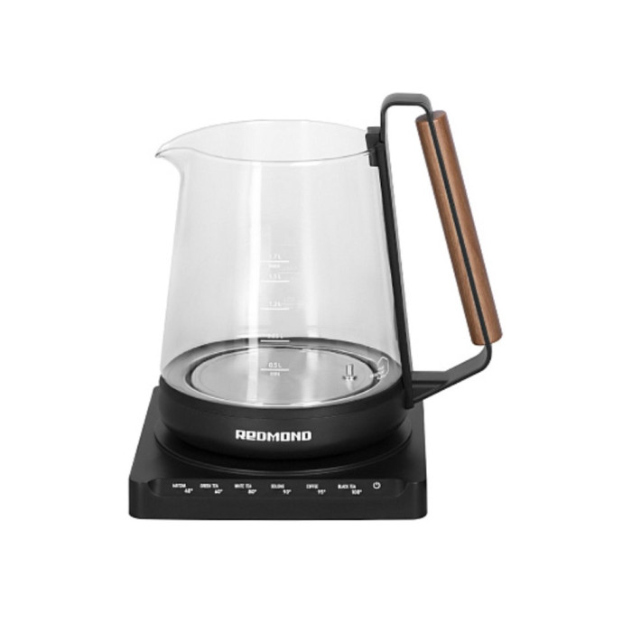 Чайник электрический, Redmond, RK-G1308D, Объем 1.7л, Стекло, 6 температурных режимов, Температура нагрева воды 95 °C, Мощность 1500 Вт, Черный