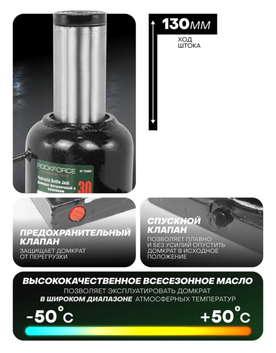 Домкрат бутылочный 30т низкопрофильный (высота подхвата - 230мм, высота подъема - 360мм, ход штока - 15129       RF-T93007
