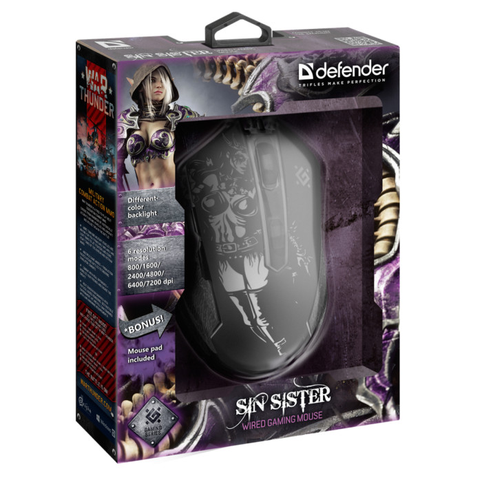 Mouse Defender Sin Sister GM-933, Optical 800-7200 dpi, 6 buttons, USB,1.5 Cable black (52933)