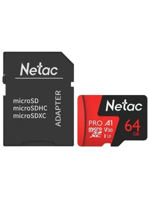 Карта памяти MicroSD 64GB Class 10 V30/A1 Netac NT02P500PRO-064G-R с адаптером