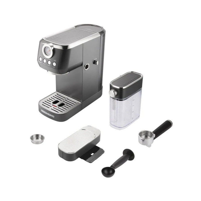 Кофеварка рожковая, Redmond, CM702 Черный/хром, Тип нагревателя бойлер, Электронный тип управления, Давление 15 бар, Объем резервуара для воды 1.4 л, Металлический фильтр, Регулировка крепости напитка, Автоотключение, Черный