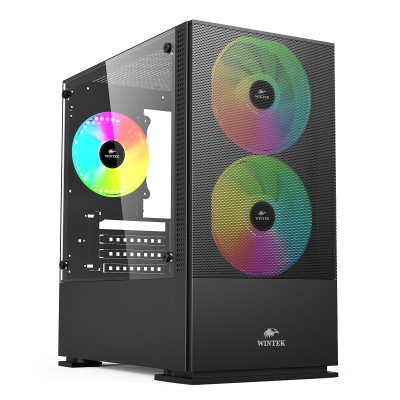 Корпус Wintek Shadow 701-B TG, Micro ATX, USB 1*3.0/1*2.0, HD-Audio+Mic, 2*14cm+1*12cm ARGB fan (без контроллера), чёрный