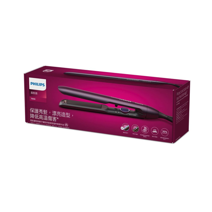 Выпрямитель для волос, Philips, Серии 7000 BHS752/00, Напряжение 110-240 В, Длина шнура 2 м, Время нагрева 30 с, Ионизация, Размер пластин 25 x 105 мм, Температурные настройки 12 , Колесико выбора температуры с LED-индикатором, Цвет фиолетовый