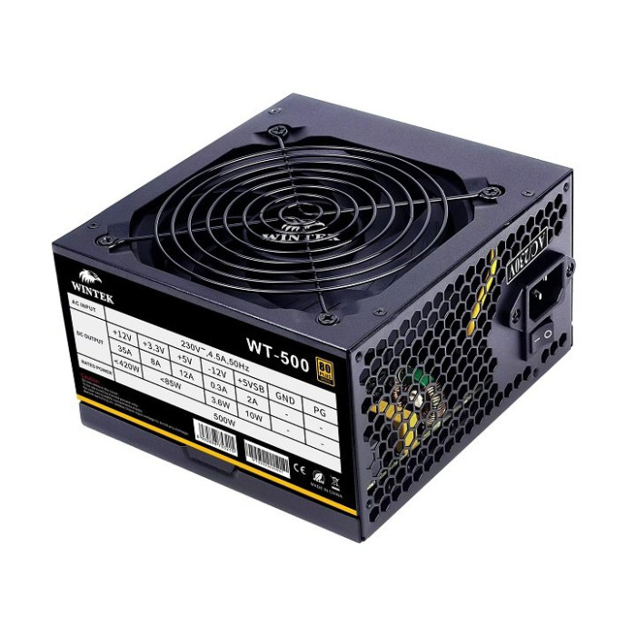 Блок питания Wintek WT-500, 500W, APFC, 20+4, 1*P8 (4+4), 2*P6+2, 4*SATA, 4*MOLEX, 80+ Bronze, black