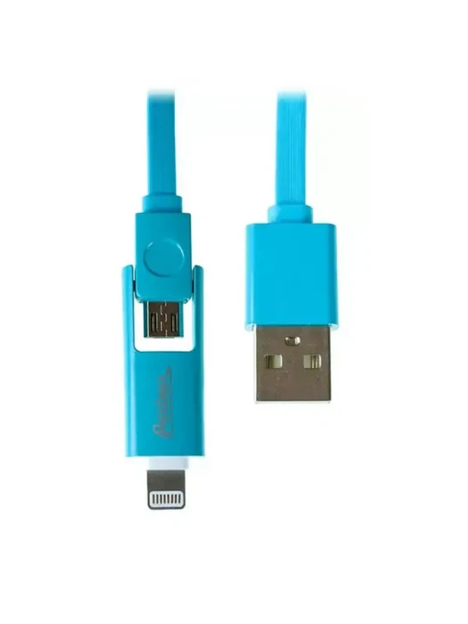 Кабель Olmio USB 2.0 - microUSB/Apple 8pin, 2-в-1, 1м, 2.1A, голубой, плоский