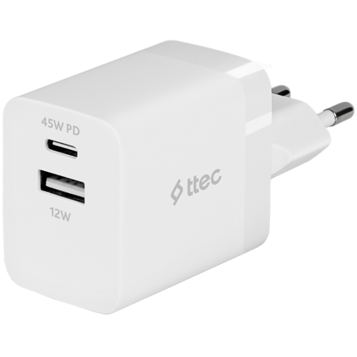 ttec SmartCharger 45W PD Duo Travel Charger USB-C+USB-A, White