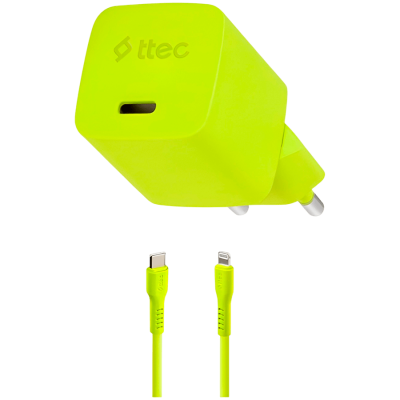 ttec SmartCharger GAN 20W PD Travel Fast Charger + USB-C - Lightning Cable 120cm, Neon Yellow
