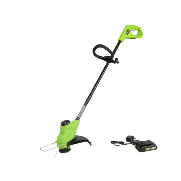 Триммер аккумуляторный, Greenworks, G24LT25K2(2107207SARU), 24V, 25см, с 1хАКБ 2Ач и ЗУ, Щеточный двигатель, Нижнее расположение двигателя, Обороты без нагрузки 7500 об/мин., Ширина скашивания 25,4 cм , Диаметр лески 1.65 мм, Автоматическая подача лески, 