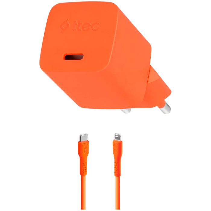 ttec SmartCharger GAN 20W PD Travel Fast Charger + USB-C - Lightning Cable 120cm, Neon Orange