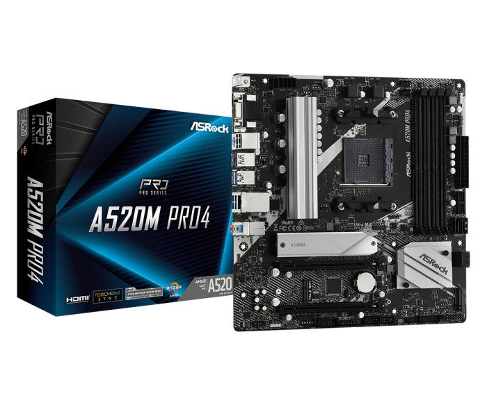 Материнская плата ASRock A520M PRO4 AM4 4xDDR4 6xSATA3 M.2 D-Sub HDMI DP mATX