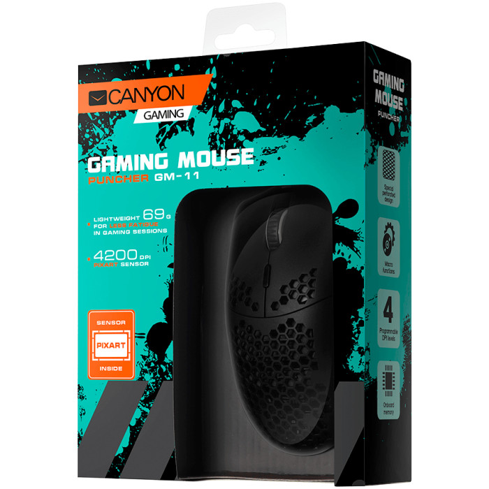 CANYON Puncher GM-11, Gaming Mouse with 7 programmable buttons, Pixart 3519 optical sensor, 4 levels of DPI and up to 4200, 5 million times key life, 1.65m Ultraweave cable, UPE feet and colorful RGB lights, Black, size:128.5x67x37.5mm, 105g