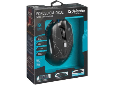 Мышь проводная игровая оптическая Defender Forced GM-020L (черный),USB, 6 кн. + колесо, коврик