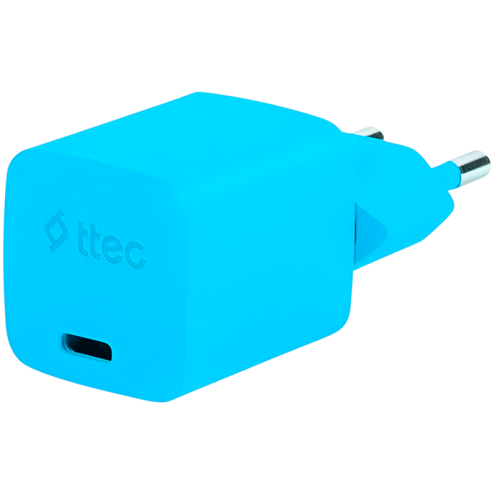 ttec SmartCharger GAN 20W PD Travel Fast Charger + USB-C - Lightning Cable 120cm, Neon Blue