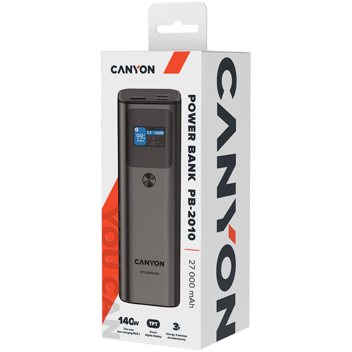 CANYON power bank PB-2010 TFT 27000 mAh 97.2Wh PD140W QC 3.0 Dark Grey
