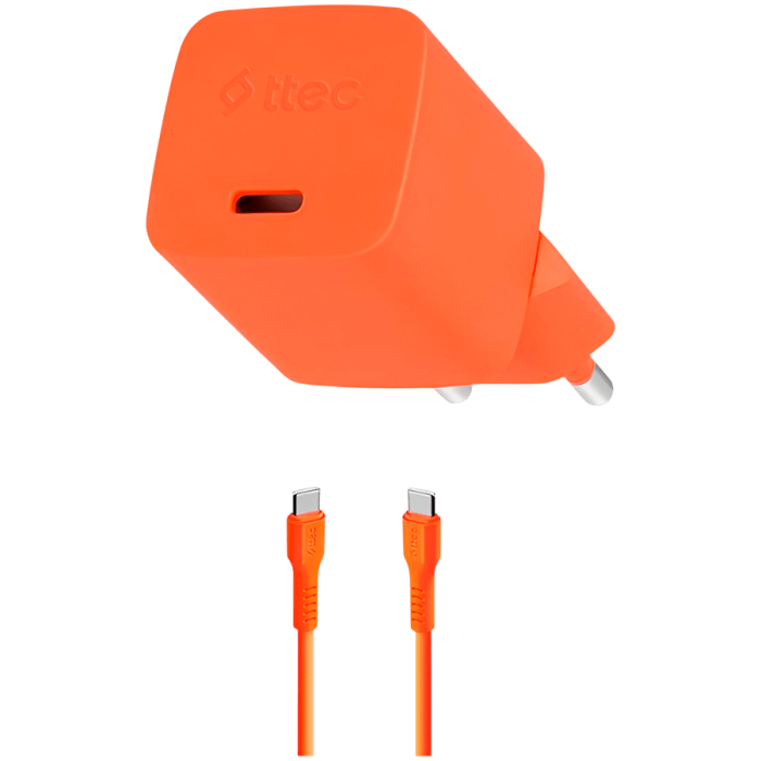 ttec SmartCharger GAN 20W PD Travel Fast Charger + USB-C - USB-C 3A Cable 120cm, Neon Orange