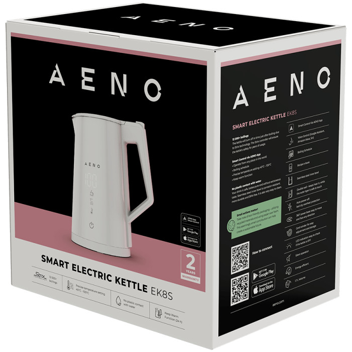 AENO Electric Kettle EK8S Smart: 1850-2200W, 1.7L, Strix, Double-walls, Temperature Control, Keep warm Function, Control via Wi-Fi, LED-display, Non-heating body, Auto Power Off, Dry tank Protection