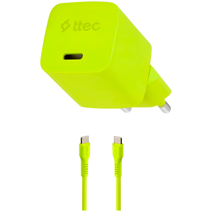 ttec SmartCharger GAN 20W PD Travel Fast Charger + USB-C - USB-C 3A Cable 120cm, Neon Yellow