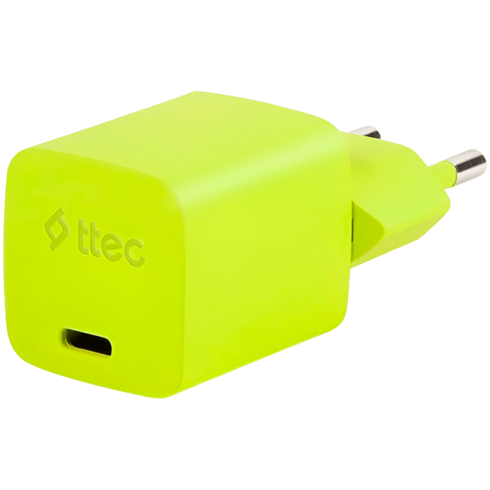 ttec SmartCharger GAN 20W PD Travel Fast Charger + USB-C - USB-C 3A Cable 120cm, Neon Yellow