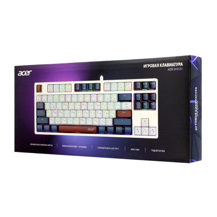 KeyBoard USB, Acer OKW305, 87 buttons, rus/lat, White/Blue/Red