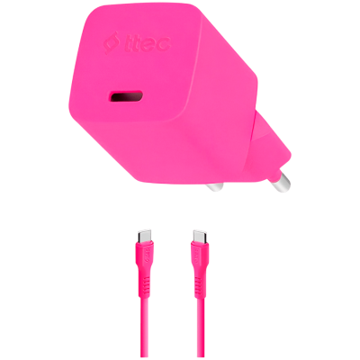 ttec SmartCharger GAN 20W PD Travel Fast Charger + USB-C - USB-C 3A Cable 120cm, Neon Pink
