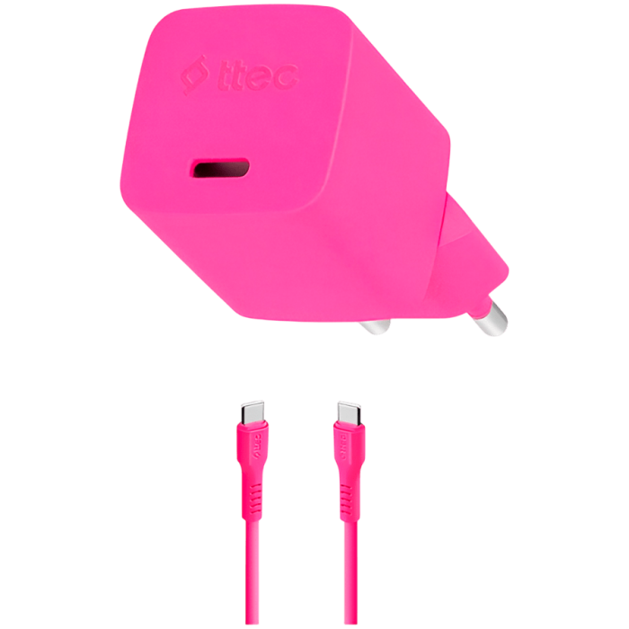 ttec SmartCharger GAN 20W PD Travel Fast Charger + USB-C - USB-C 3A Cable 120cm, Neon Pink