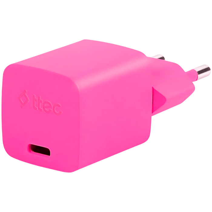 ttec SmartCharger GAN 20W PD Travel Fast Charger + USB-C - USB-C 3A Cable 120cm, Neon Pink