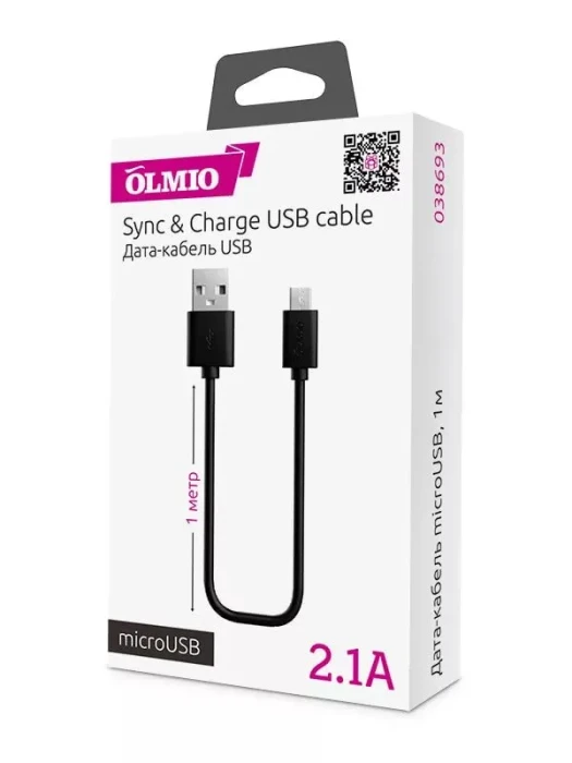 Кабель Olmio USB 2.0 - microUSB,  1м, 2.1A, черный
