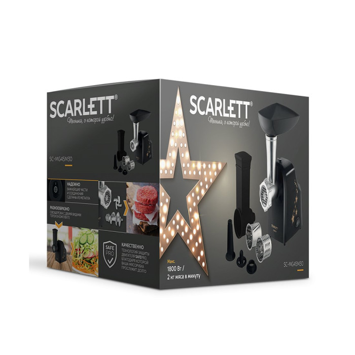 Мясорубка, Scarlett, SC-MG45M30, Мощность1800 Вт, Производительность 2 кг/мин, Насадка кеббе, Насадка для приготовления сосисок, Насадки для терки и шинковки