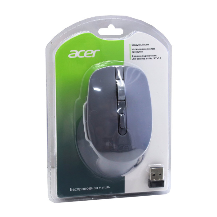 Mouse Acer OMR310, Wireless, Optical 1600 dpi, 7 button, Li-Ion,  BT/2.4GHz/USB, Dark/Grey