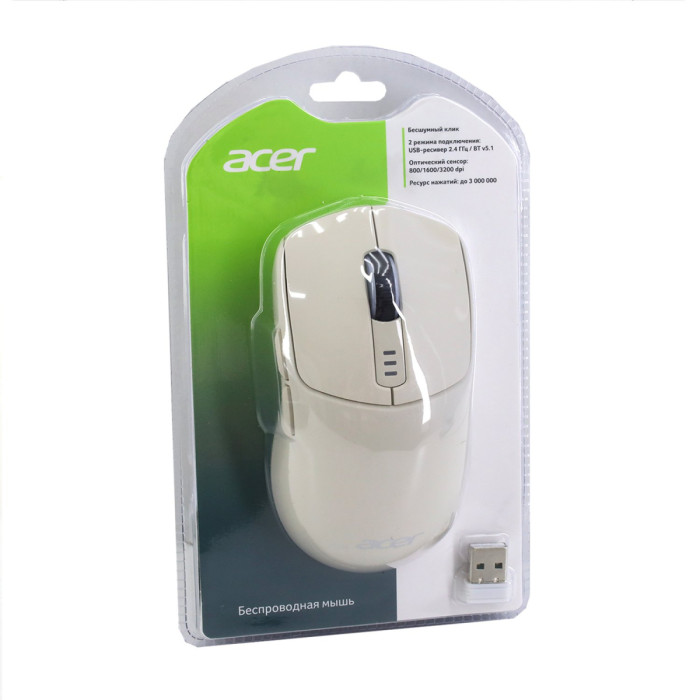 Mouse Acer OMR312, Wireless, Optical 3200 dpi, 5 button, Li-pol,  BT/2.4GHz/USB, Beige