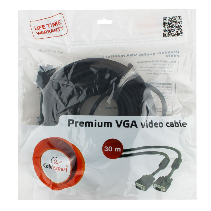 Cable SVGA 15m/15m (for KVM - switch box), экранированный, 30м, Cablexpert, CC-PPVGA-30M-B
