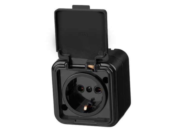 Розетка 1-ая (открытая, с/з, брызг. защ.) черная, Стандарт, Юпитер