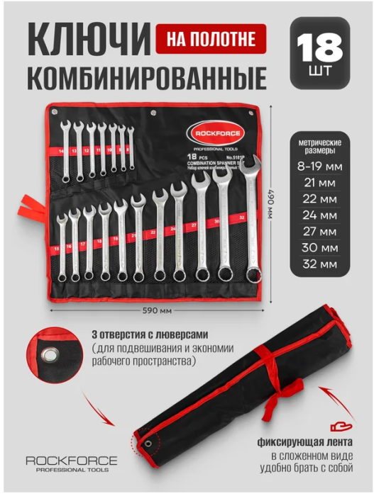 Набор ключей комбинированных 18 предметов(8-19, 21, 22, 24, 27, 30, 32мм),на полотне 904         RF-5181P