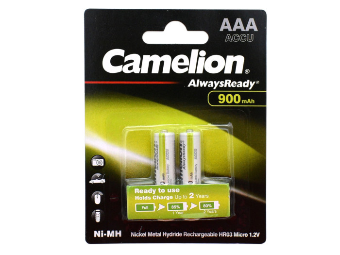 Аккумуляторы Camelion AAA, AlwaysReady NiMH, 900mAh/1.2V, комплект - 2 штуки