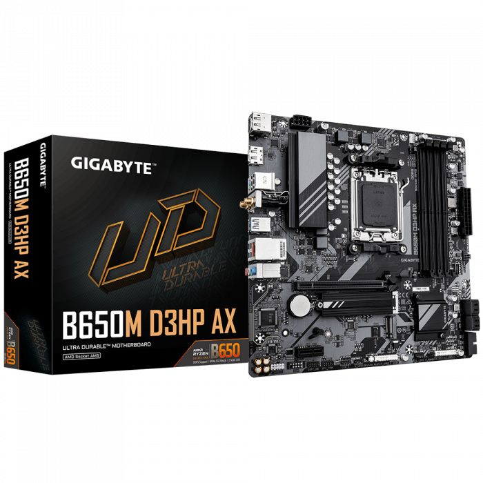 Сист.плата Gigabyte B650M D3HP AX 1.0, B650, AM5, 4xDIMM DDR5, PCI-E x16, PCI-E x1, M.2, 4xSATA, HDMI, 2xDP, WIFI6E, BOX