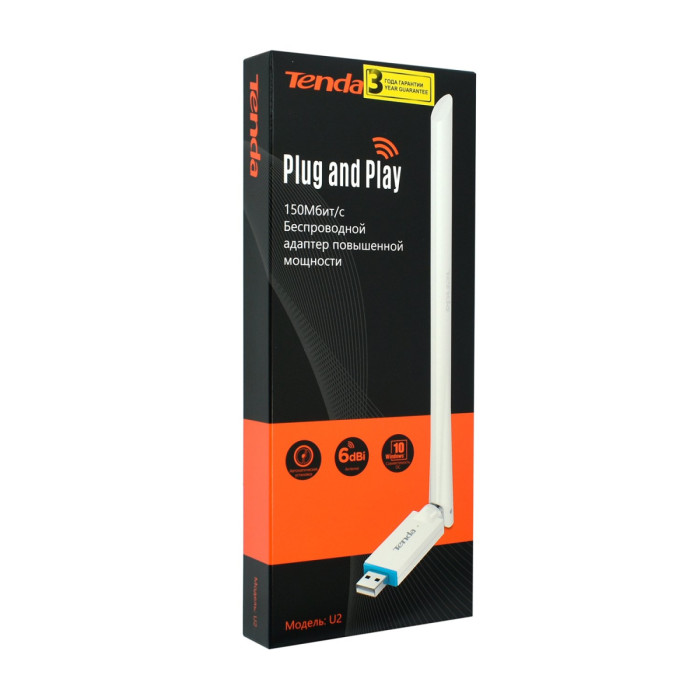 Wireless LAN USB adapter, Tenda U2, WiFi 5 (150Mbps), USB, 1x6dBi, white