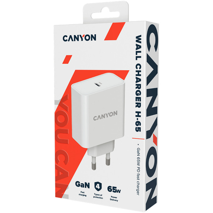CANYON H-65, GAN 65W charger  Input:  100V-240V Output: 5.0V3.0A /9.0V3.0A /12.0V-3.0A/ 15.0V-3.0A /20.0V3.25A , Eu plug, Over- Voltage ,  over-heated, over-current and short circuit protection Compliant with CE RoHs,ERP. Size: 53*53*29mm, 110g, White